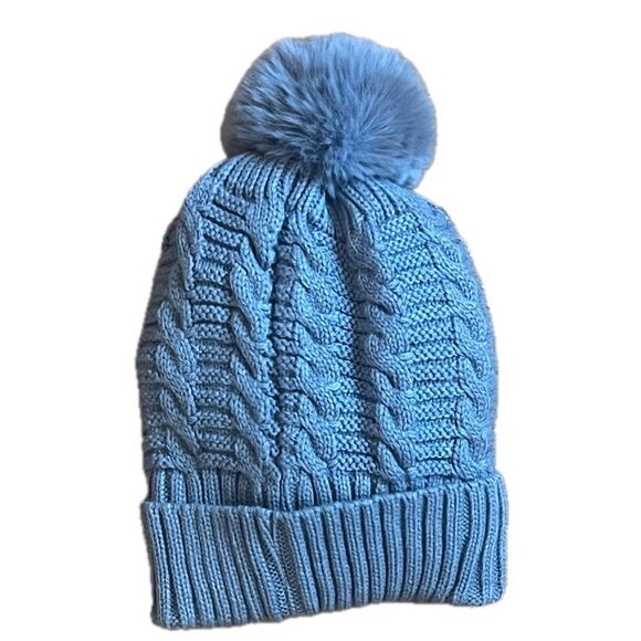 Boutique Gray Cable Knit Ribbed Beanie with Pom Pom Silver Sequins One Size NWT - Picture 4 of 6